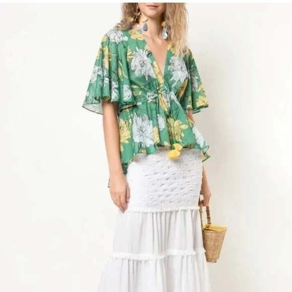 ALEXIS DAYAL FLORAL PRINT SHORT-SLEEVE HIGH-LOW PEPLUM TOP GREEN & YELLOW - Picture 2 of 8